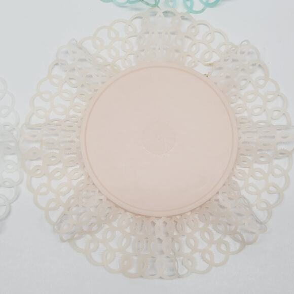 Vtg Teal Pink White Lace Lustro Ware Plastic 4 Coasters Holders Retro 1970's - Picture 14 of 16